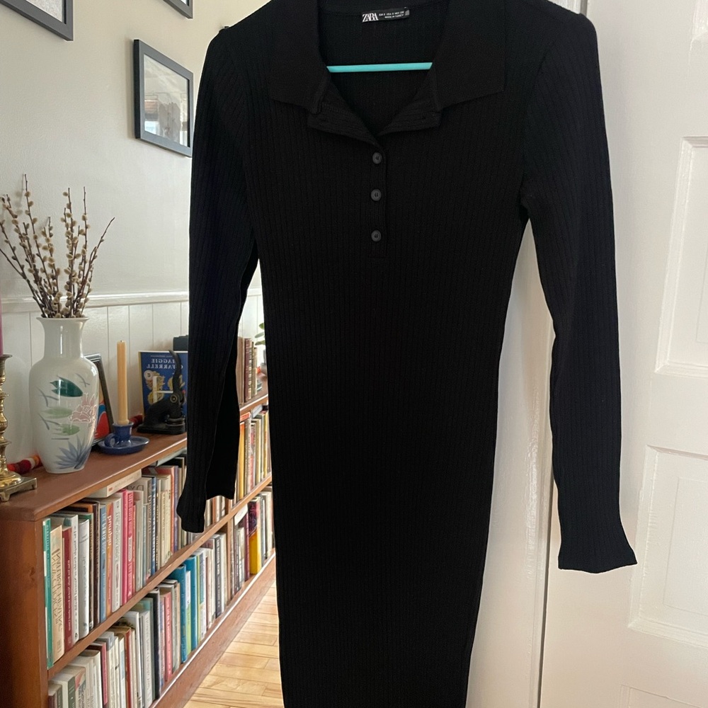 Zara Black Ribbed Long-Sleeve Polo Knit Dress